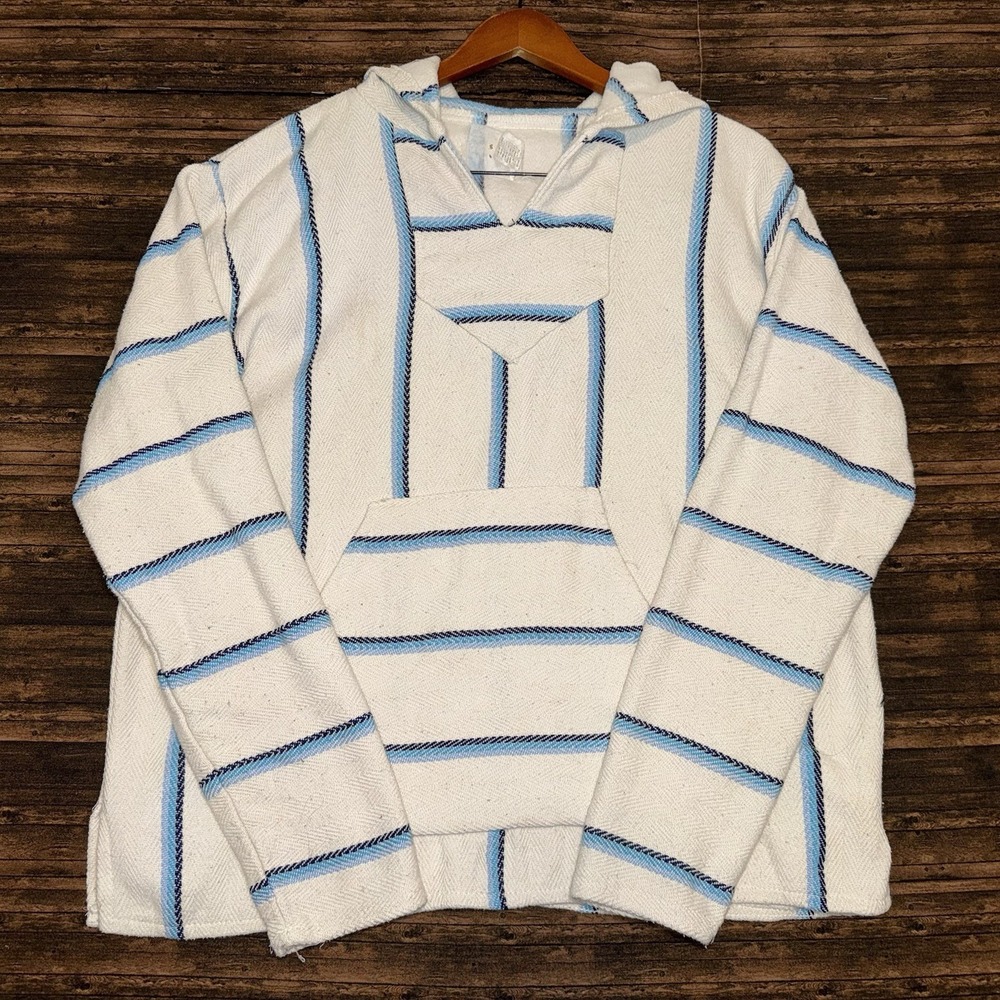 Earth Ragz Mens White Baja Pullover Hoodie Blue Striped Long Sleeve Size Small